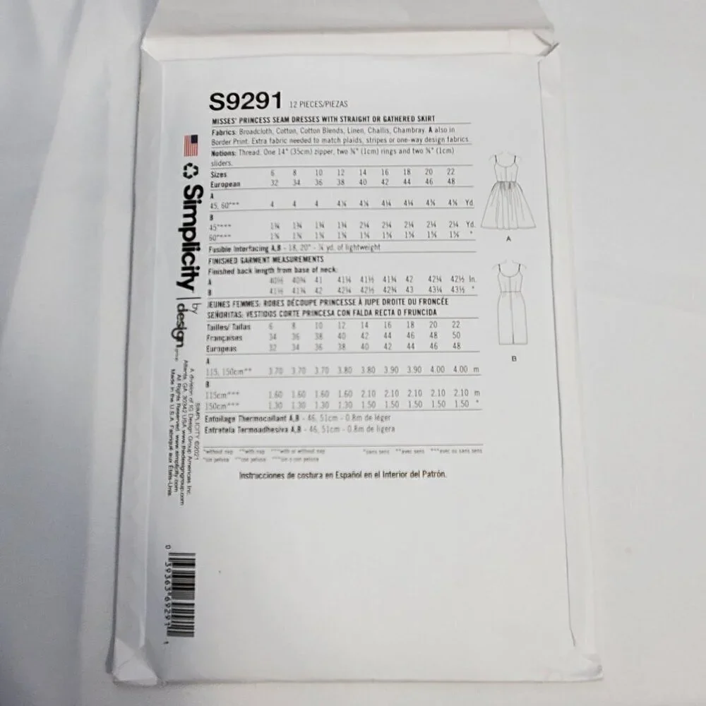 Simplicity S9291 Womens Sewing Pattern E5 Size 14-22 Misses Princess Seam Dress